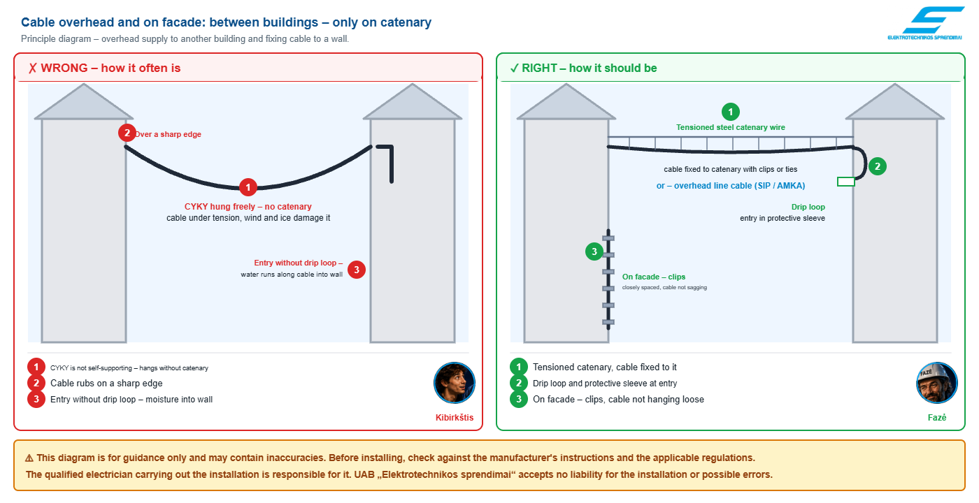 CYKY cable overhead and on a facade: wrong and right
