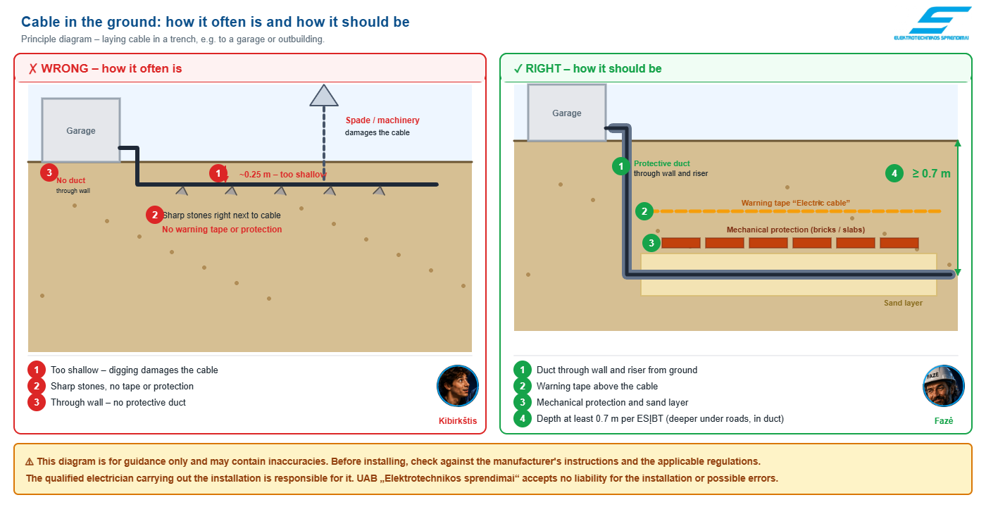 Laying CYKY cable in the ground: wrong and right