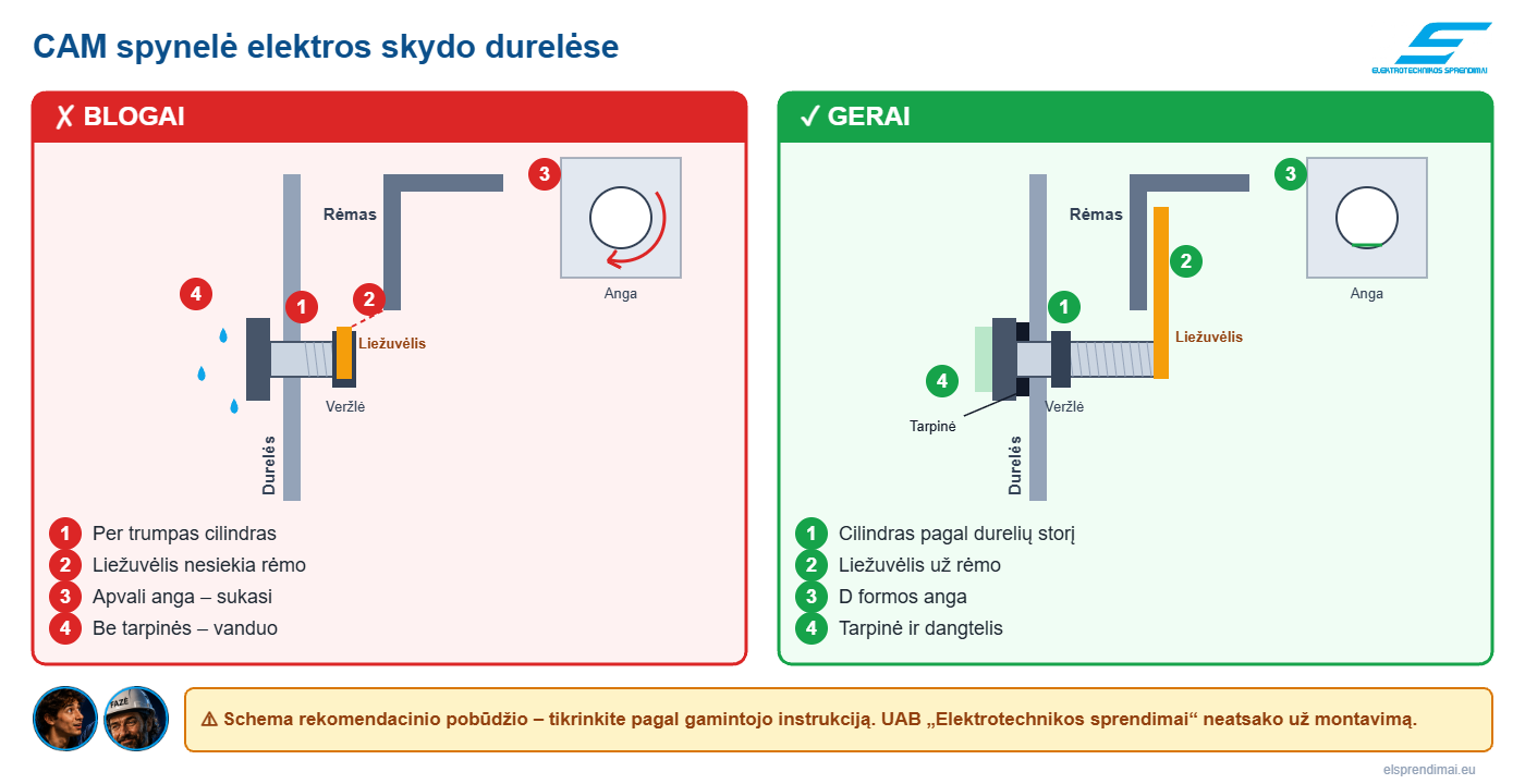 CAM spynelė elektros skydo durelėse – blogai ir gerai: cilindro ilgis, liežuvėlis, anga, tarpinė | elsprendimai.eu
