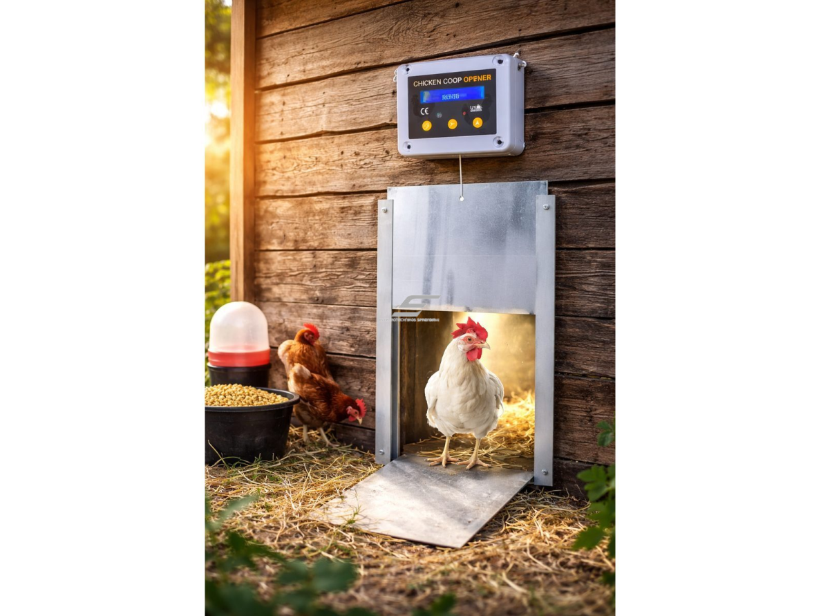Automatinis vištidės durų atidarymo įrenginys | su laikmačiu ir šviesos jutikliu | aukštis 10 cm | tinka 22x32 cm durims | IP apsauga 4
