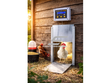 Automatinis vištidės durų atidarymo įrenginys | su laikmačiu ir šviesos jutikliu | aukštis 15 cm | tinka 22x32 cm durims | IP apsauga 3 Automatinis vištidės durų atidarymo įrenginys | su laikmačiu ir šviesos jutikliu | aukštis 15 cm | tinka 22x32 cm durims | IP apsauga 3