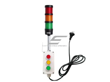 Pramoninis signalinis bokštelis (šviesoforas) su mygtukų valdymo dėžute | Andon | 3 sekcijos R/Y/G | LED | Ø60 mm | 230 V EU kištukas | garsinis signalas | IP53 | ONN-M4F