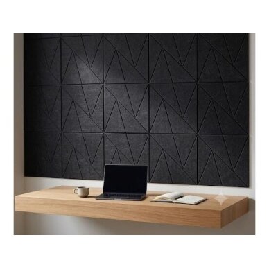 Akustiska | Skaņu absorbējoša PET plāksne | Trīsstūra raksta reljefs | 300x300x9mm | Melna 2 Akustiska | Skaņu absorbējoša PET plāksne | Trīsstūra raksta reljefs | 300x300x9mm | Melna 2