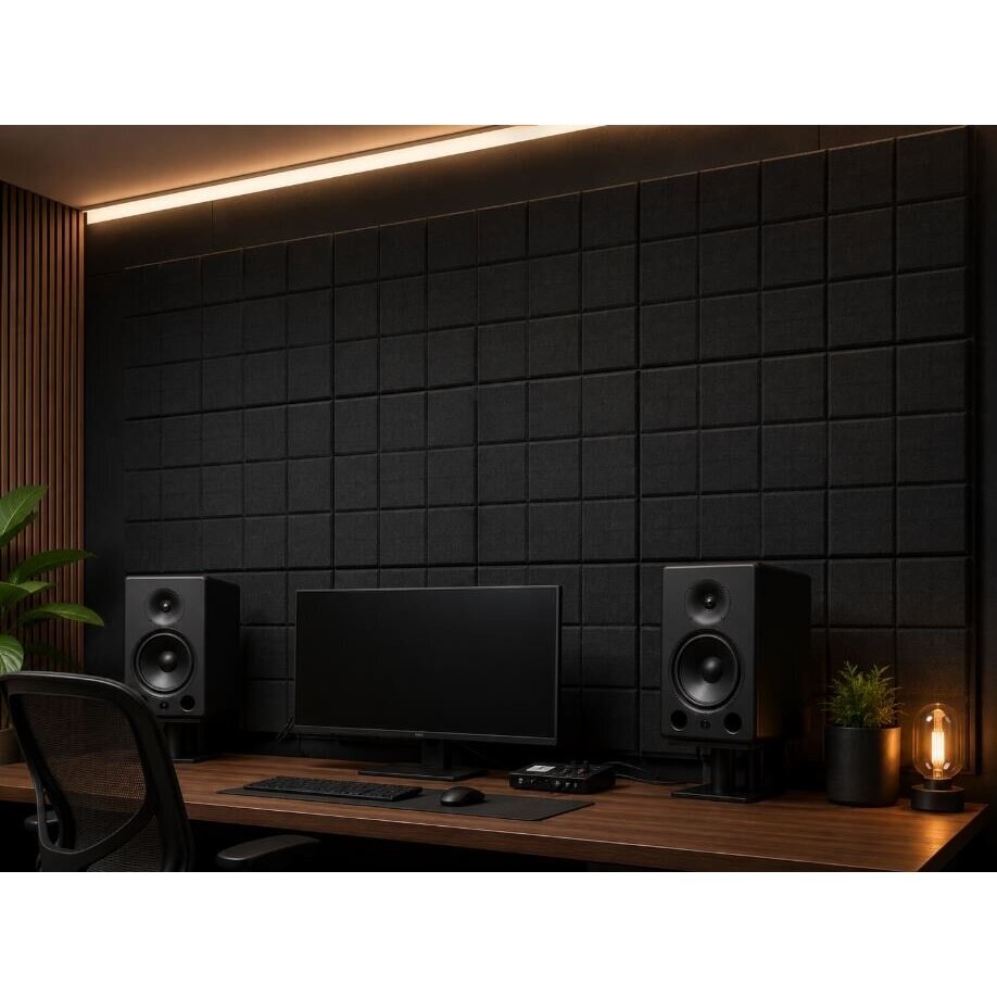 Akustyczny | Dźwiękochłonny panel PET | Wzór 3x3 kwadraty | 300x300x9mm | Czarna 2 Akustyczny | Dźwiękochłonny panel PET | Wzór 3x3 kwadraty | 300x300x9mm | Czarna 2