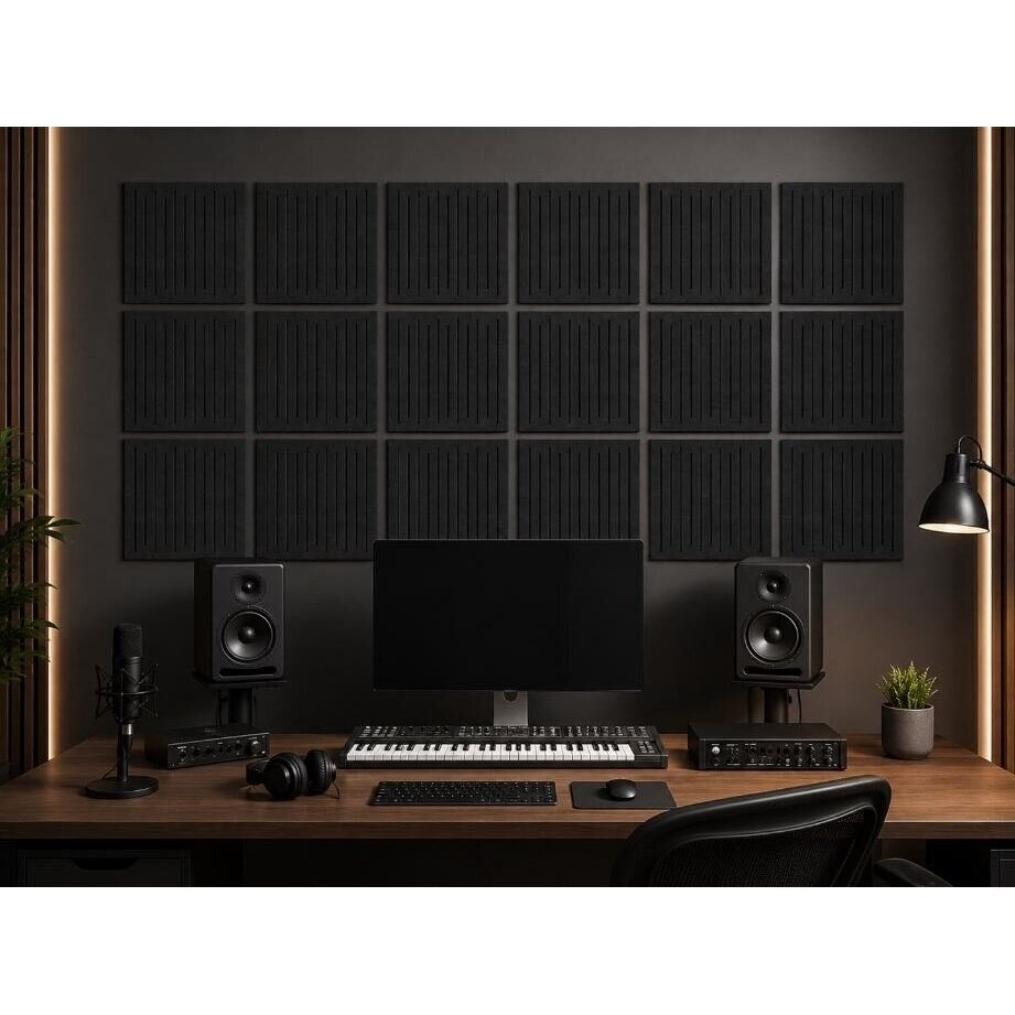 Acoustic | Sound-Absorbing PET Panel | Linear Pattern Relief | 300x300x9mm | Black 2