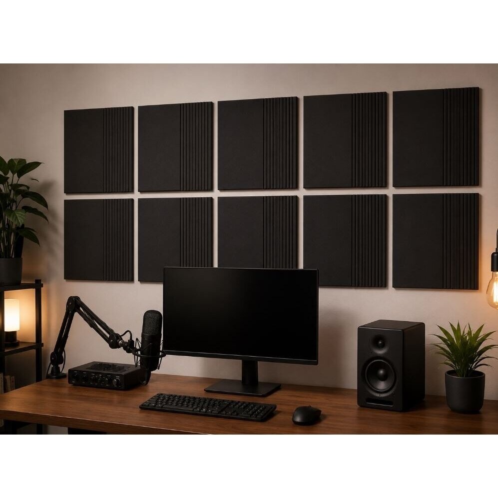 Acoustic | Sound-Absorbing PET Panel | Asymmetrical Slatted Profile | 300x300x9mm | Black 2