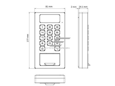 Antivandalinis | biometrinis pirštų atspaudų ir M1/DESfire kortelių skaitytuvas su klaviatūra | 12-24VDC | 177x81x26,1mm | Wi-Fi | Bluetooth | IP65 | sidabrinis | Hikvision | DS-K1T502DBFWX 1