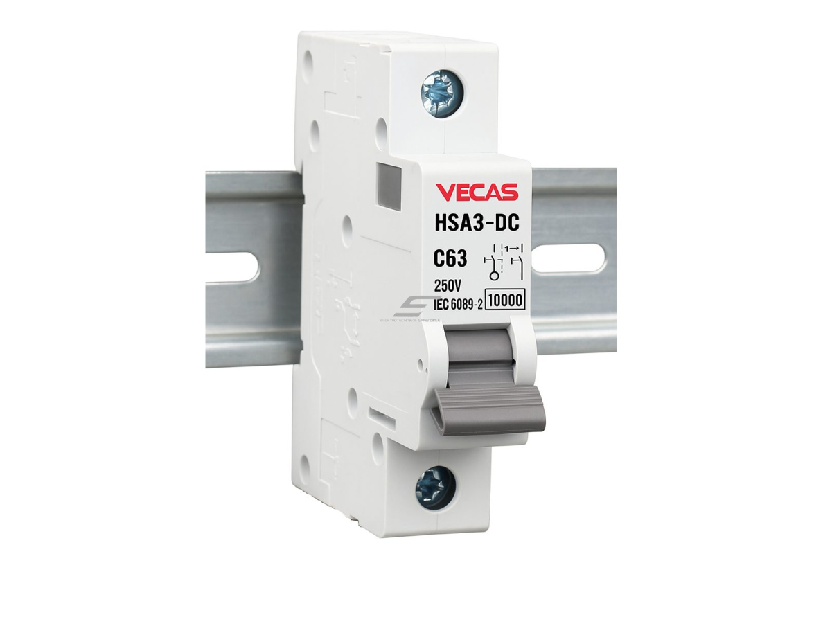 Modulinis apsauginis nuolatinės įtampos automatinis jungiklis saulės moduliams | 1P | 100A | 250VDC | C | 10kA | DIN | MCB-DC | VECAS | HSA3-DC-1100250 1