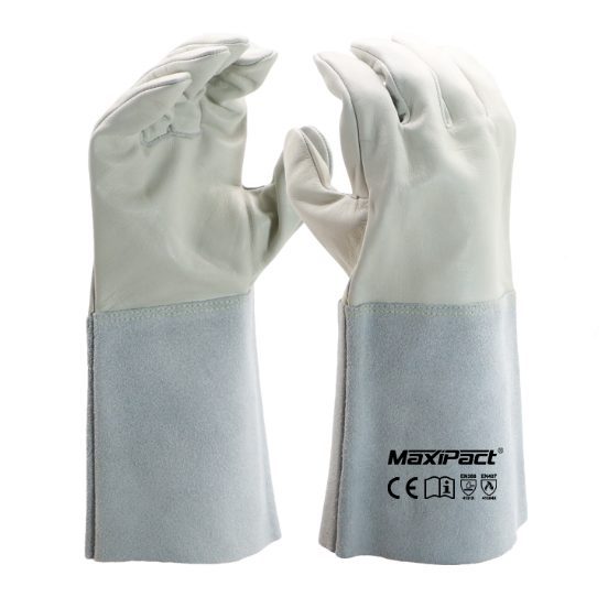 Protective welding/work gloves | leather | 14″ (35 cm) | white color | heat resistant | protective cuff | non-slip surface Protective welding/work gloves | leather | 14″ (35 cm) | white color | heat resistant | protective cuff | non-slip surface