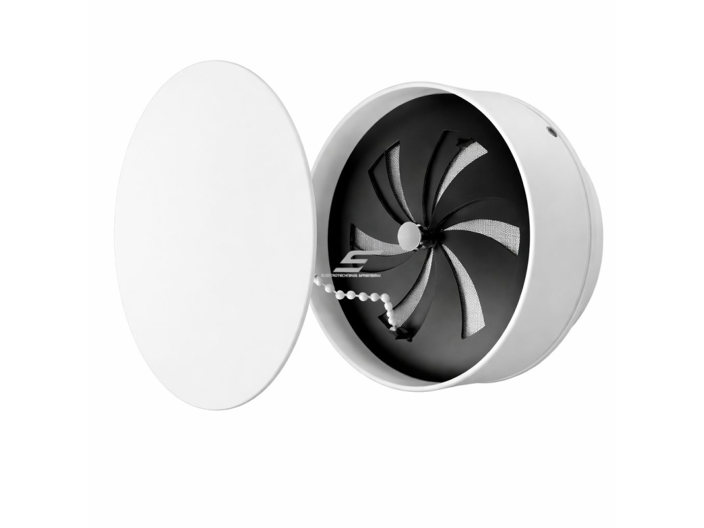 Ašinis ištraukiamasis ventiliatorius su rutulinių guolių varikliu | tinklelis nuo vabzdžių | D125 | 220V | išorinis Ø159 mm | gylis 90 mm | plastikas | baltos spalvos | IPX4  1
