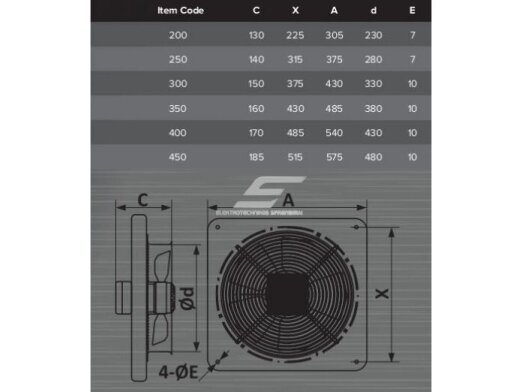 Ašinis sieninis ventiliatorius | paduodamo ir ištraukiamo oro srauto | D250 | 80 W | 1100 m³/h | 230 V | 375x375 mm | su flanšu | metalas | juodas 4