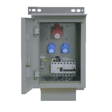 Temporary construction power supply | distribution cabinet | metal | surface-mounted | 40A | with circuit breakers and residual current circuit breaker (RCCB) | with sockets 2x230V and 1x400V | 410x300x180mm | IP44 Temporary construction power supply | distribution cabinet | metal | surface-mounted | 40A | with circuit breakers and residual current circuit breaker (RCCB) | with sockets 2x230V and 1x400V | 410x300x180mm | IP44