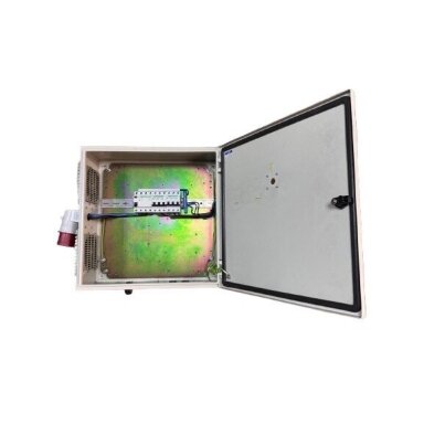 Updated electrical power distribution transit cabinet with modular equipment | 3P C 32A + 3P C 16A circuit breakers | 4P 63A leakage relay | 5P 32A industrial plug | 5P 16A + 5P 32A industrial sockets | Domestic double socket 230V Updated electrical power distribution transit cabinet with modular equipment | 3P C 32A + 3P C 16A circuit breakers | 4P 63A leakage relay | 5P 32A industrial plug | 5P 16A + 5P 32A industrial sockets | Domestic double socket 230V