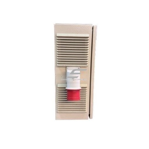 Updated electrical power distribution transit cabinet with modular equipment | 3P C 32A + 3P C 16A circuit breakers | 4P 63A leakage relay | 5P 32A industrial plug | 5P 16A + 5P 32A industrial sockets | Domestic double socket 230V 1