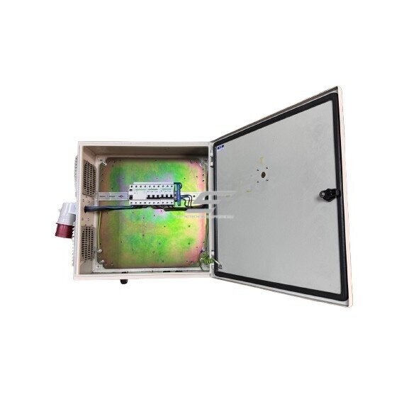 Updated electrical power distribution transit cabinet with modular equipment | 3P C 32A + 3P C 16A circuit breakers | 4P 63A leakage relay | 5P 32A industrial plug | 5P 16A + 5P 32A industrial sockets | Domestic double socket 230V Updated electrical power distribution transit cabinet with modular equipment | 3P C 32A + 3P C 16A circuit breakers | 4P 63A leakage relay | 5P 32A industrial plug | 5P 16A + 5P 32A industrial sockets | Domestic double socket 230V