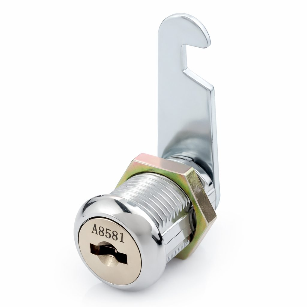 High security CAM lock with hook | for cabinets and electrical distribution boards | ANSI Grade 1 | 16 mm cylinder | zinc alloy | chrome plated | 90° / 180° unlocking | 2 keys