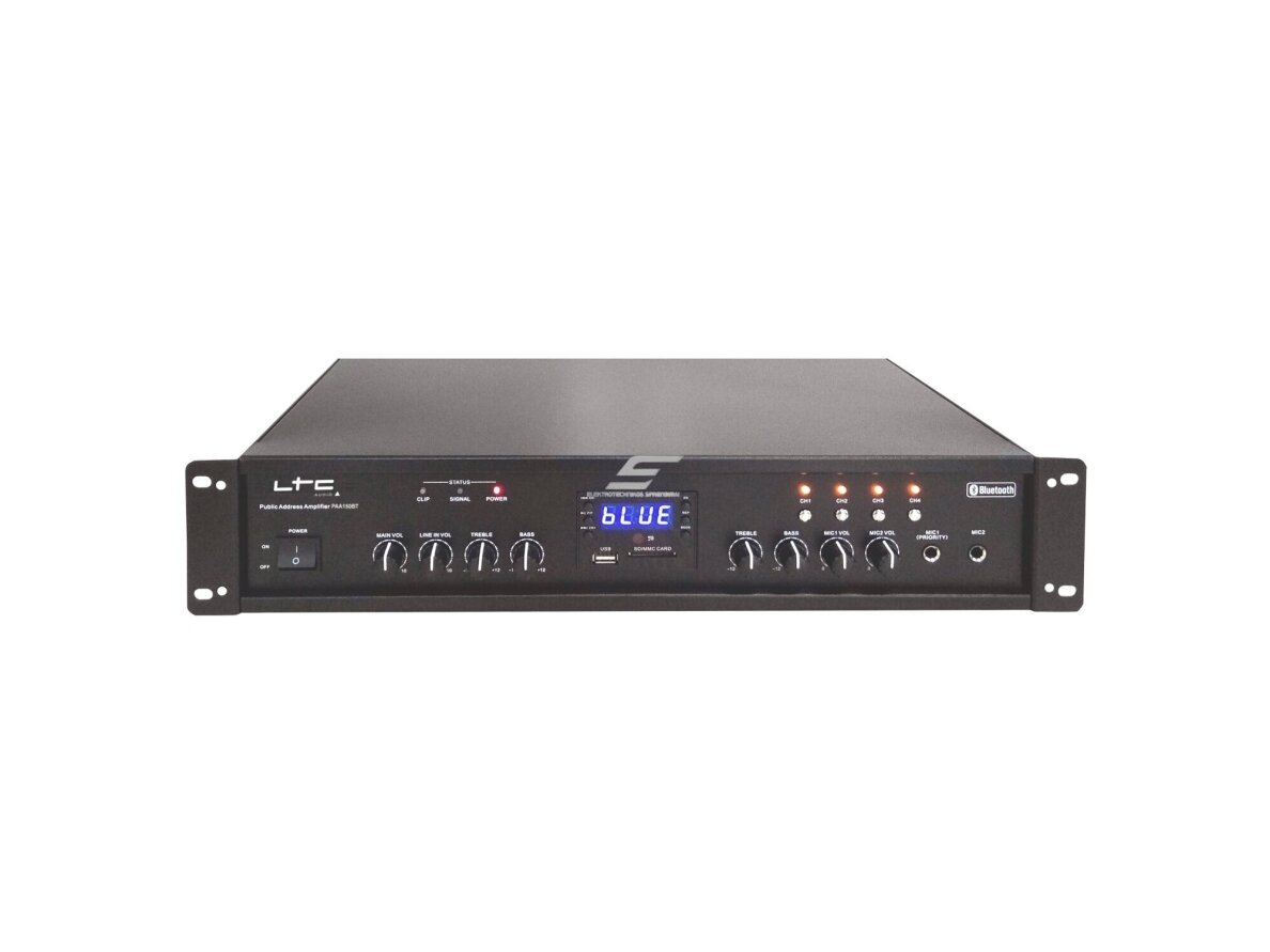 Audio muzikos stiprintuvas | 100V | 90W | įmontuojamas | USB / SD / FM / Bluetooth | LTC | PAA150BT Audio muzikos stiprintuvas | 100V | 90W | įmontuojamas | USB / SD / FM / Bluetooth | LTC | PAA150BT