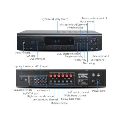 Audio mūzikas pastiprinātājs | 5.1 kanālu | 230V | ar Bluetooth | USB | SD 1 Audio mūzikas pastiprinātājs | 5.1 kanālu | 230V | ar Bluetooth | USB | SD 1