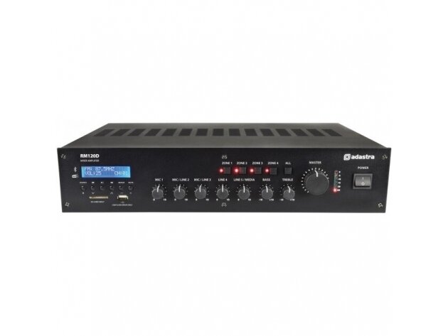 Audio muzikos stiprintuvas | 100V | 120W | 8 omų | 4 zonų | DAB+ / FM | USB / SD | Bluetooth | Adastra | RM120D 1 Audio muzikos stiprintuvas | 100V | 120W | 8 omų | 4 zonų | DAB+ / FM | USB / SD | Bluetooth | Adastra | RM120D 1