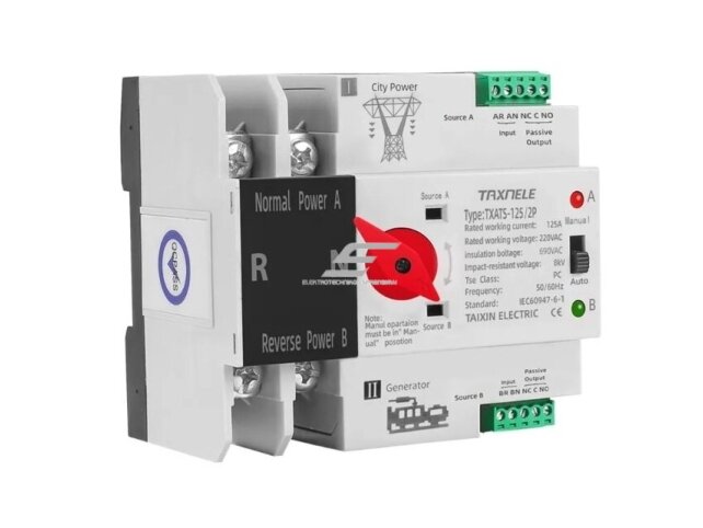 Modulinis rezervinis automatinis galios perjungiklis generatoriams | elektros energijos nepertraukiamam tiekimui | 2P | 63A | 230V | DIN Modulinis rezervinis automatinis galios perjungiklis generatoriams | elektros energijos nepertraukiamam tiekimui | 2P | 63A | 230V | DIN