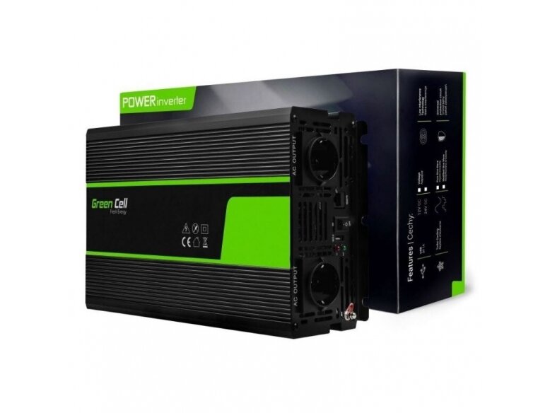 Automobilinis įtampos keitiklis | 24VDC/230VAC | 1500W(3000W) | su sinusine išėjimo įtampa | Green Cell | INV19