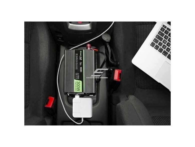 Automobilinis įtampos keitiklis | 12VDC/230VAC | 300W/600W | 50Hz | su USB 5V 2,1A | Green cell | INV01DE 3 Automobilinis įtampos keitiklis | 12VDC/230VAC | 300W/600W | 50Hz | su USB 5V 2,1A | Green cell | INV01DE 3