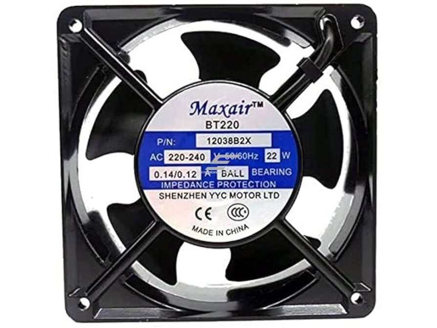 Pramoninis | kompaktinis | elektronikos aušinimo | vėdinimo ventiliatorius | 22W | 220-240V | 0,14-0,12A | juodas | Maxair | BT220 | 12038B2X Pramoninis | kompaktinis | elektronikos aušinimo | vėdinimo ventiliatorius | 22W | 220-240V | 0,14-0,12A | juodas | Maxair | BT220 | 12038B2X