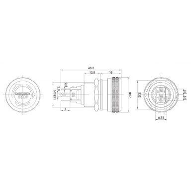 Emergency STOP button | 19mm | 220V | 1NO+1NC | LED (red) | IP65 | latching | anodized aluminum