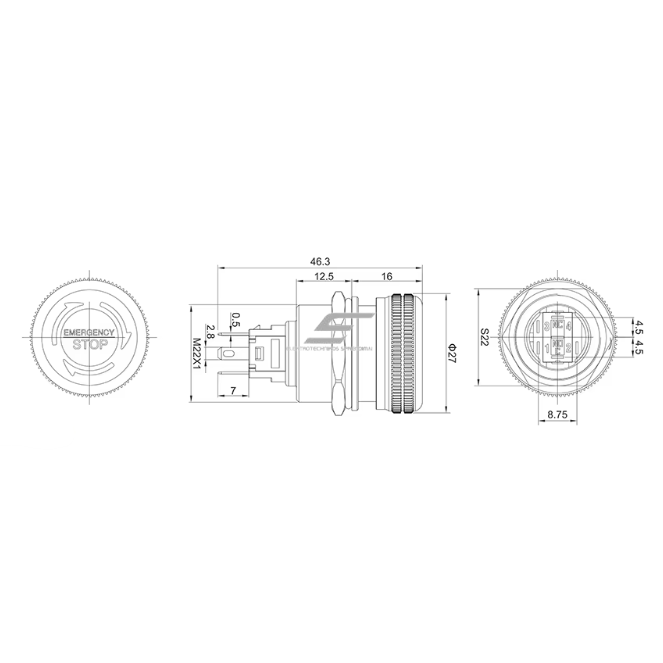 Emergency STOP button | 22mm | 220V | 1NO+1NC | LED (red) | IP65 | latching | anodized aluminum 1
