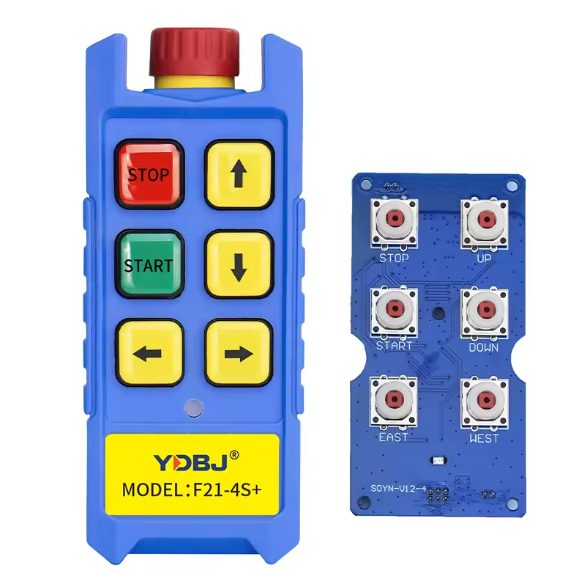 Bezvadu celtņa vadības pults | 4 pogas + START/STOP + sēnes STOP | 1 ātrums | 868 MHz | 24–440 V AC/DC | ES-F21-4S+ 1 Bezvadu celtņa vadības pults | 4 pogas + START/STOP + sēnes STOP | 1 ātrums | 868 MHz | 24–440 V AC/DC | ES-F21-4S+ 1
