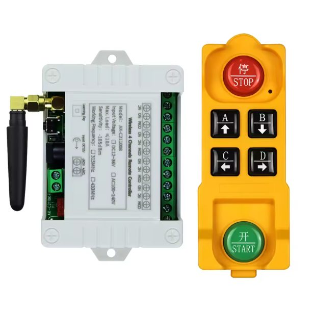 Bezvadu celtņa vadības pults | 4 pogas + START/STOP | 1 ātrums | 433 MHz | 100–240 V AC | modulārs uztvērējs | AK-C211008