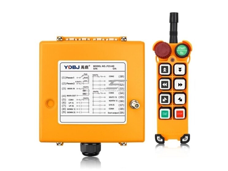 Belaidis kranų valdymo pultas | 6 mygtukai + START/STOP | 2 greičiai | 315/433 MHz | 24–440 V AC/DC | IP65 | ES-F23-6D Belaidis kranų valdymo pultas | 6 mygtukai + START/STOP | 2 greičiai | 315/433 MHz | 24–440 V AC/DC | IP65 | ES-F23-6D