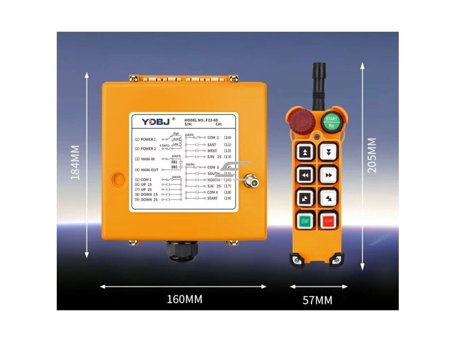 Belaidis kranų valdymo pultas | 6 mygtukai + START/STOP | 2 greičiai | 315/433 MHz | 24–440 V AC/DC | IP65 | ES-F23-6D 2 Belaidis kranų valdymo pultas | 6 mygtukai + START/STOP | 2 greičiai | 315/433 MHz | 24–440 V AC/DC | IP65 | ES-F23-6D 2