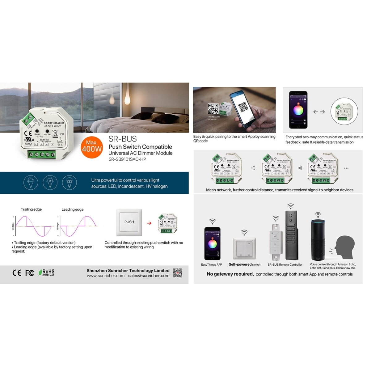 Bluetooth LED dimmer | TRIAC | 100–240 V AC | 200 W LED / 400 W hõõglampidele | süvistatav | IP20 | Sunricher SR-SB9101SAC-HP 1 Bluetooth LED dimmer | TRIAC | 100–240 V AC | 200 W LED / 400 W hõõglampidele | süvistatav | IP20 | Sunricher SR-SB9101SAC-HP 1