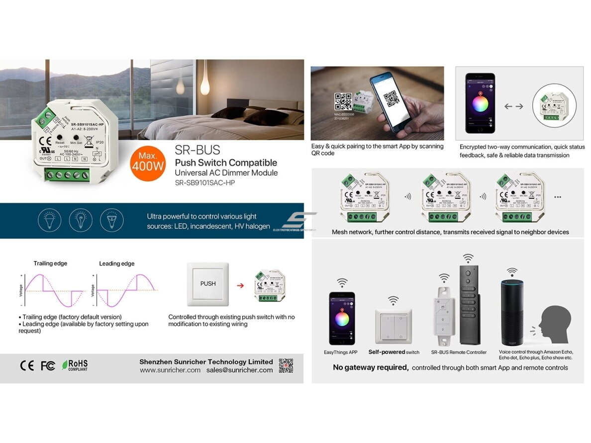 Bluetooth LED dimeris | TRIAC | 100–240 V AC | 200 W LED / 400 W kaitrinėms | potinkinis | IP20 | Sunricher SR-SB9101SAC-HP 1