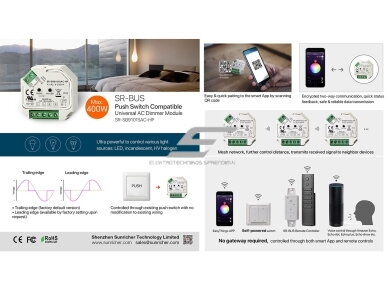 Bluetooth LED dimeris | TRIAC | 100–240 V AC | 200 W LED / 400 W kaitrinėms | potinkinis | IP20 | Sunricher SR-SB9101SAC-HP
