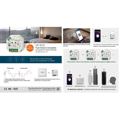 Bluetooth LED dimmer | TRIAC | 100–240 V AC | 200 W LED / 400 W hõõglampidele | süvistatav | IP20 | Sunricher SR-SB9101SAC-HP 1 Bluetooth LED dimmer | TRIAC | 100–240 V AC | 200 W LED / 400 W hõõglampidele | süvistatav | IP20 | Sunricher SR-SB9101SAC-HP 1