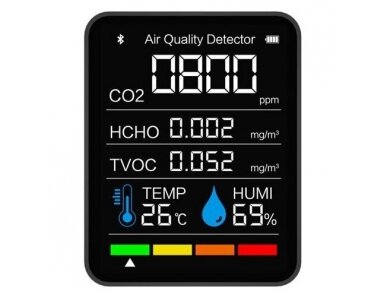 Skaitmeninis CO2 | TVOC | HCHO | temperatūros | drėgmės | oro kokybės matuoklis | jutiklis | 100-5000PPM | -10...+50°C | 0...99%RH | 5 in 1 | juodas 1 Skaitmeninis CO2 | TVOC | HCHO | temperatūros | drėgmės | oro kokybės matuoklis | jutiklis | 100-5000PPM | -10...+50°C | 0...99%RH | 5 in 1 | juodas 1