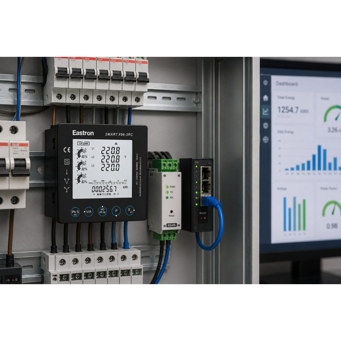 Trójfazowy licznik energii elektrycznej | panelowy 96x96 | Modbus RS485 | z cewką Rogowskiego | 230V | klasa 0.5s | monitoring energii 4