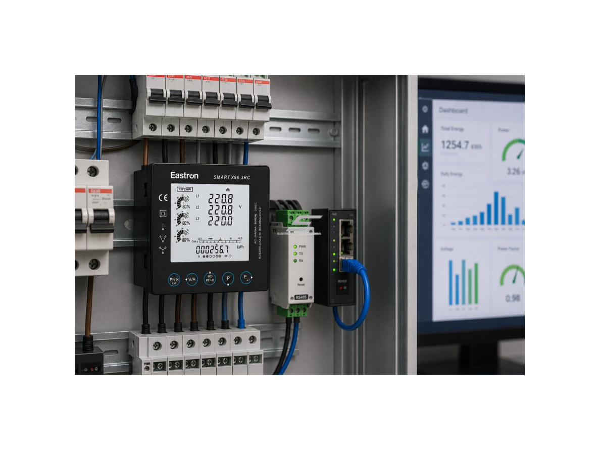 Trifazis elektros energijos skaitiklis | panelinis 96x96 | Modbus RS485 | su Rogovskio rite | 230V | Class 0.5s | energijos monitoringas 4