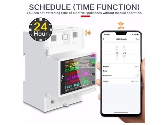 Modulinis | išmanus | multifunkcinis | skaitmeninis įtampos | srovės | galios matuoklis | 100A | 85-265VAC | 0-99999kWh | DIN | Wi-Fi | TUYA 6