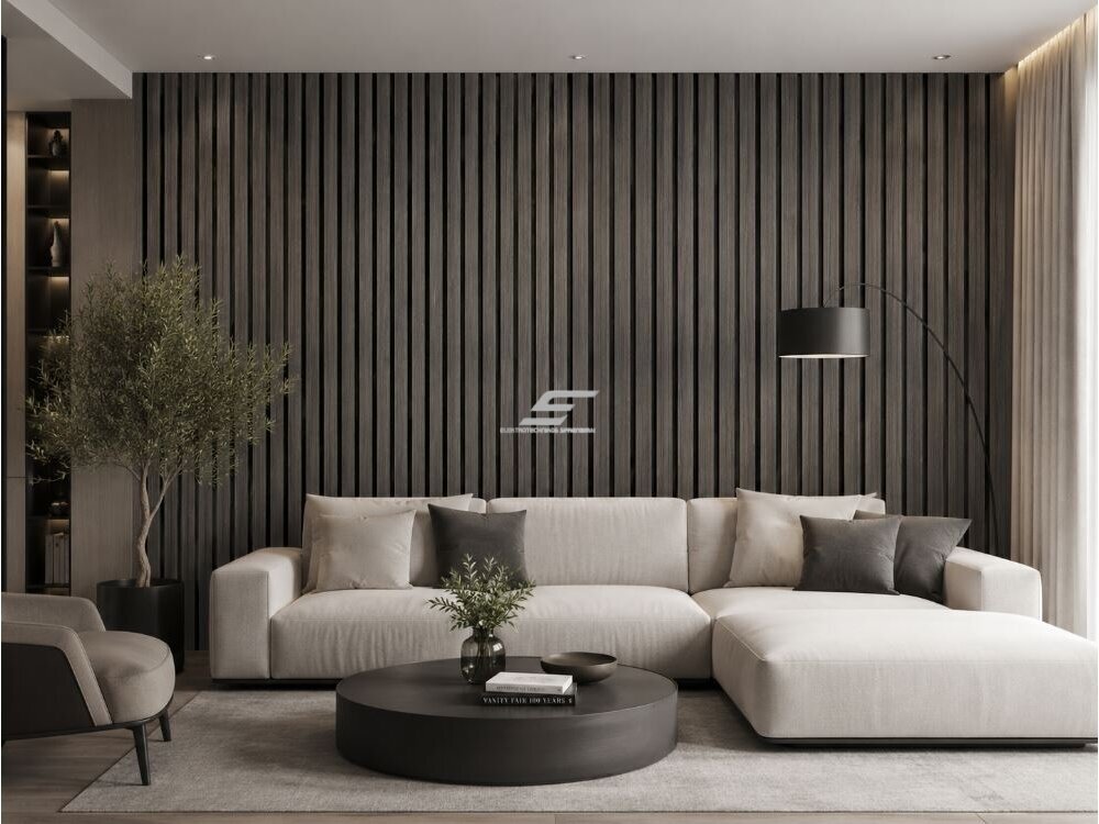 Dekoratyvinė akustinė sienų | lubų plokštė | lamelė | apdaila | 3000x600x22mm | MDF + PET | tamsiai pilko ąžuolo imitacija 3