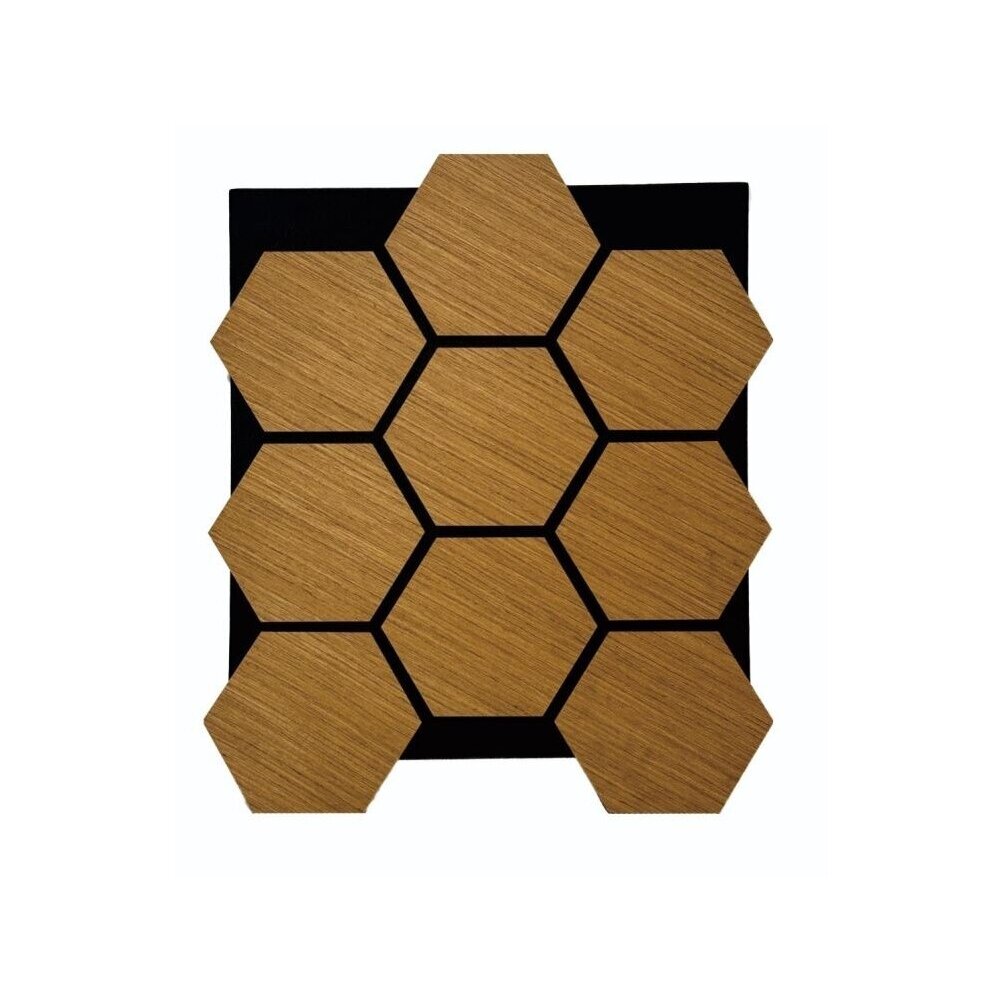 Dekoratīvs akustiskais sienu | griestu panelis | apdare | bišu šūnu | sešstūru raksts | 795,27x650,98x18mm | MDF + PET | tīkkoka imitācija