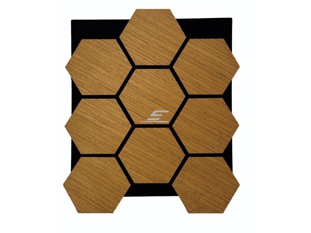 Dekoratyvinė akustinė sienų | lubų plokštė | apdaila | bičių korio | šešiakampių raštas | 795,27x650,98x18mm | MDF + PET | tikmedžio imitacija