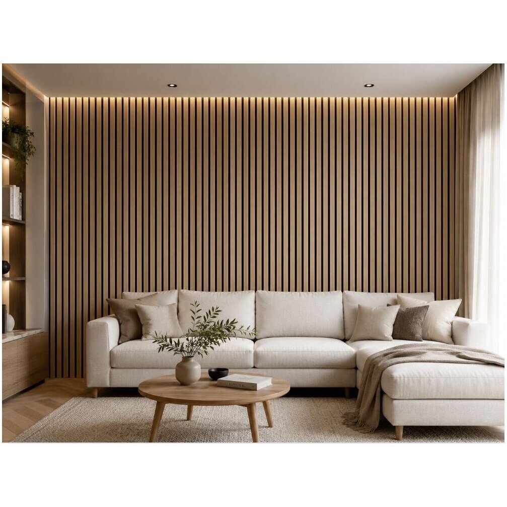 Dekoratiivne akustiline seina | laepaneel | liistpaneel | siseviimistlus | 600x600x22mm | MDF + PET | naturaalne valgendatud saar 3