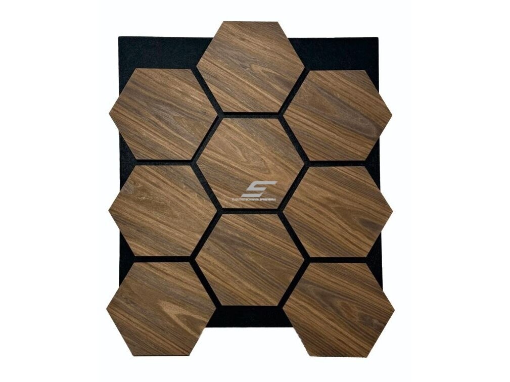 Dekoratyvinė akustinė sienų | lubų plokštė | apdaila | bičių korio | šešiakampių raštas | 795,27x650,98x18mm | MDF + PET | dūminio ąžuolo imitacija