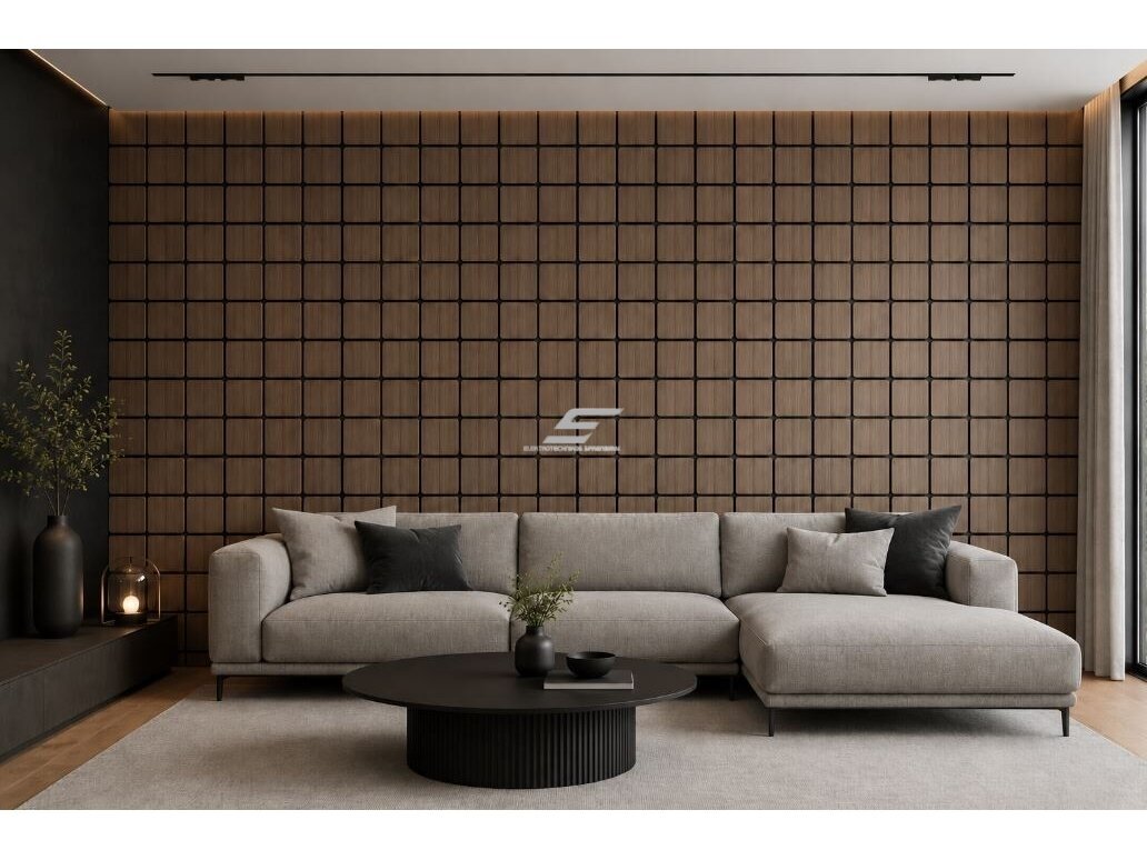 Dekoratyvinė akustinė sienų | lubų plokštė | apdaila | kvadratinių elementų | 605x600x18mm | MDF + PET | tamsaus riešutmedžio imitacija 2 Dekoratyvinė akustinė sienų | lubų plokštė | apdaila | kvadratinių elementų | 605x600x18mm | MDF + PET | tamsaus riešutmedžio imitacija 2