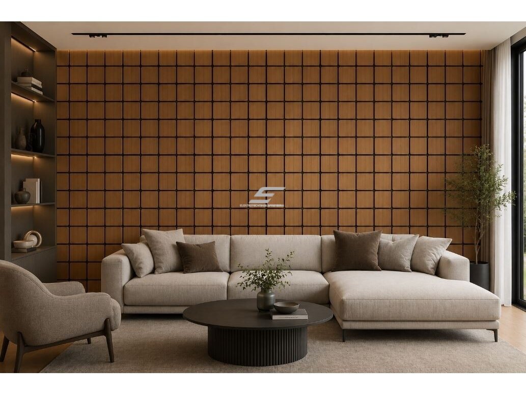 Dekoratyvinė akustinė sienų | lubų plokštė | apdaila | kvadratinių elementų | 605x600x18mm | MDF + PET | tikmedžio imitacija 2 Dekoratyvinė akustinė sienų | lubų plokštė | apdaila | kvadratinių elementų | 605x600x18mm | MDF + PET | tikmedžio imitacija 2