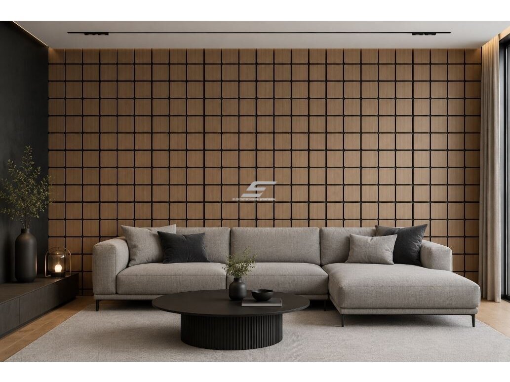 Dekoratyvinė akustinė sienų | lubų plokštė | apdaila | kvadratinių elementų | 605x600x18mm | MDF + PET | šviesaus riešutmedžio imitacija 2 Dekoratyvinė akustinė sienų | lubų plokštė | apdaila | kvadratinių elementų | 605x600x18mm | MDF + PET | šviesaus riešutmedžio imitacija 2