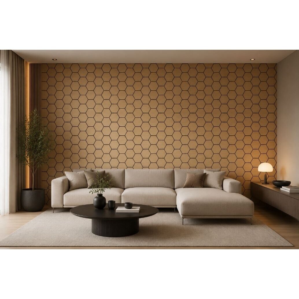 Dekoratīvs akustiskais sienu | griestu panelis | apdare | bišu šūnu | sešstūru raksts | 795,27x650,98x18mm | MDF + PET | gaišā ozola imitācija 2 Dekoratīvs akustiskais sienu | griestu panelis | apdare | bišu šūnu | sešstūru raksts | 795,27x650,98x18mm | MDF + PET | gaišā ozola imitācija 2